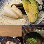 鎌倉 北じま - お漬物 芽キャベツ えび芋糠漬け
      赤マナコ酢
      三つ葉の赤出汁
      