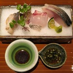 おい河 - 【向付】別海産ホッキ　愛媛産鯛　大分産関鯖