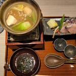 おい河 - 【強肴】サワラしゃぶしゃぶ　くずきり　フカヒレ
      白菜　行者にんにく