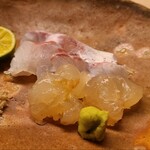 道人 - ⑥真鯛(兵庫県明石産)
      ⑦伊勢海老(兵庫県淡路島産)
      薬味:酢橘、藻塩