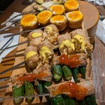 ミアスタンド - 串（オクラ梅肉ソース、エノキサフランマヨ、半熟卵ポークロール）