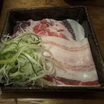 AKINDO - お肉とネギのセット。　アグー豚のバラ、ロースなど、ネギに巻いて食べる