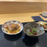 割烹 渡辺 - 佐渡産鮪のたたき、じゃばみ豚角煮かんずりソース