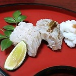 すし重 - 2014・7 焼き鱧・左から塩スダチ、柚子胡椒醬油、梅肉