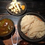 山元麺蔵 - 京カレーのつけ麺、大盛り、土ゴボウ天プラ（上方から）