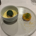 filo - ⭐︎蕪とサフランのスフォルマート　ムール貝とツブ貝のマリネ　フィンガーライム添え（左）⭐︎赤海老とみかん、京大根のタルタルからすみかけ（右）