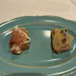 filo - ⭐︎ポレンタのフリット　甲子柿とストラッチアテッラハモンセラーノ添え（左）　⭐︎対馬の鹿と黒豚のパテ　りんごとナッツのインサラータ