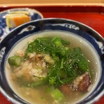 銀座 きた川 - アスパラとホタルイカの天ぷらご飯に菜の花あんかけ、生胡椒をかけて
