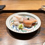 御料理 ふじ田 - 向付①：17日目のクエ、サワラのポン酢漬け（すり葱）