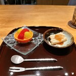 御料理 ふじ田 - 甘味：せとかオレンジ、アングレーズソース、ゆずじゃむ、わらび餅