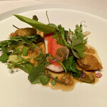 アルカナイズ - 金目鯛 近隣の野草 蕗の薹のフリット 蕗の薹のソース