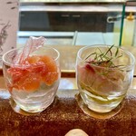 アルカナイズ - ふわふわミントヨーグルト ピンクグレープフルーツ カレータブレと桜鯛の湯引き