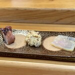 小判寿司 - 水蛸（北三陸）鮟肝（相馬）クロカワカジキ。生ハム風