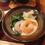 居酒屋 伝七 - えびと雪見菜とほうれん草のタラコマヨネーズ和え