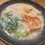 葉隠うどん - たまごとじ、えびかき揚げトッピング