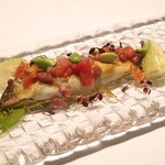 リストランテ ペガソ - Jun, 2014② 香ばしく焼き上げた鮎のコンフィ　セロリとフルーツトマトのソース