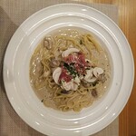 アル・ケッチァーノ  - 生ハムとマッシュルームのクリームパスタ　前々回に食べて以来衝撃を受けた一品。クリームの強さをマッシュルームの旨味で見事に抑え込んでおり、クリームパスタが苦手な僕でもすんなりいけました。