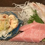 花ゆず - ちょこ盛り：２２００円（のどぐろ、あんきも、生タコ、ほたるいか、しめ鯖、大トロ）