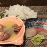 花ゆず - ちょこ盛り：２２００円（のどぐろ、あんきも、生タコ、ほたるいか、しめ鯖、大トロ）