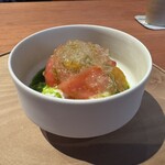 しろ - 島根県浜田市から届いた金柑のコンポート　イタリア産ブッラータ　静岡県産アメーラトマト　バジルオイル　トマトのコンソメ　トマトの旨味がギュと詰まったコンソメがとても良く大好きなブッラータとベストマッチ⭐︎