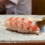 鮨 つぼみ - 車海老 宇部より 32g
      一口に軽く収まるこサイズ感が私にぴったりです♪
      茹でたての甘みも申し分なく、ふふふさすがに車海老も抜かりなく美味しい！
      