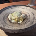 しろ - 島根県浜田市から届いた天然真フグの白子　フグの身
      手打ちのタリオリーニ　発酵レモン（内藤農園）　　　　　　　乳製品不使用、フグの白子をたっぷり使った濃厚な味わい。