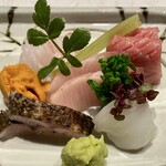 ふくい、望洋楼 - お造り盛合せ くえ 鮪とろ 雲丹 さわら 黒むつ あおりいか