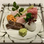 ふくい、望洋楼 - お造り盛合せ くえ 鮪とろ 雲丹 さわら 黒むつ あおりいか