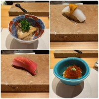 鮨まつやま - 鰆と菜の花と酢飯、イカと馬糞ウニ、イクラ