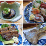 ＜2014年7月＞付き出しのおナス、お刺身盛り合わせ5種盛り、鴨塩胡椒、カンパチカマ焼き