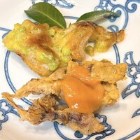 広島旨い物処 稲茶 - さわらの天豆焼きとホタルイカとシャコの天ぷら