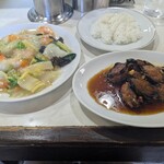 嘉苑 - 海老あんかけ焼きそば、茄子ミンチ、ライス