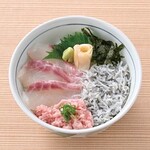 Three-Types Rice Bowl with White Fish, Shirasu, and Tuna Tartare