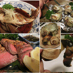 漁菜克献 - ＜2014年7月＞タイの煮付け、牛蒡添え・サザエのつぼ焼き・ローストビーフ。