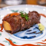日本料理 五感 - 2025.3 筍とクレソンを巻き込んだ熊本あか牛 本わさび 木の芽