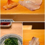 鮨 はしもと - 写真上右：お刺身：ヒラメ
      写真上左：お刺身：アオヤギ（紐付き）
      写真下右：お刺身：ミル貝
      写真左下：菜の花のおひたし