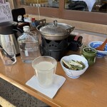 そば処 湧水 - いいちこボトル蕎麦湯割、山菜料理