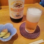 Shokusaiyuushin - お通し、瓶ビール(中瓶)500円