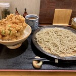 手打ちそば天ぷら 那央人 - 海老とホタテのかき揚げ天丼と十割ざる