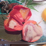 Shigenoki - 八寸の一つ・ほおづきに，生ハム胡麻酢かけ，うるか(鮎の塩辛)，厚焼玉子