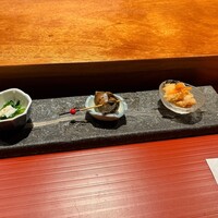 のどぐろ専門 銀座中俣 極 - 先付(小松菜、ばい貝、南蛮漬け)