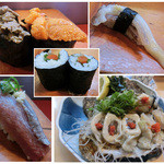 ＜2014年7月＞岩ガキポン酢、大きい岩ガキでした。握り寿司は、雲丹、カニ味噌、げそ、生鰯。巻き寿司は、山ゴボウをシソで巻いたの。