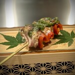 焼鳥 燃暖 - 鶏ハラミ万願寺串-大葉味噌-