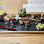 鮨ト酒肴 富かわ - 各種酒泥棒達の盛り合わせ　ゴルゴンゾーラ入りの茶碗蒸しは絶品