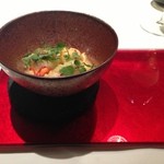 エクアトゥール - ★8前菜　炭焼きした鱧とオマール海老のフラン、鱧出汁のソース