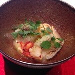 エクアトゥール - ★8前菜　炭焼きした鱧とオマール海老のフラン、鱧出汁のソース