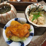 天雅 - 新もずく、バフンウニ、鯛の子の煮付けです。