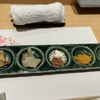 渋谷 すし仙 - マグロ酢味噌 ザーサイ マスカルポーネと酒盗 ウニ水晶 穴子の煮凝り