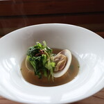 さじこよみ - 桜の焼きリゾット　蛤と菜花のスープ