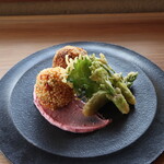 さじこよみ - さつもいもとフキノトウのコロッケ　ぶぶあられ揚げ団子